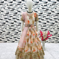 Lovely Peach Faux Georgette Digital Printed Designer Gown for Girls with Dupatta