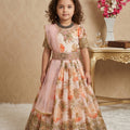 Lovely Peach Faux Georgette Digital Printed Designer Gown for Girls with Dupatta