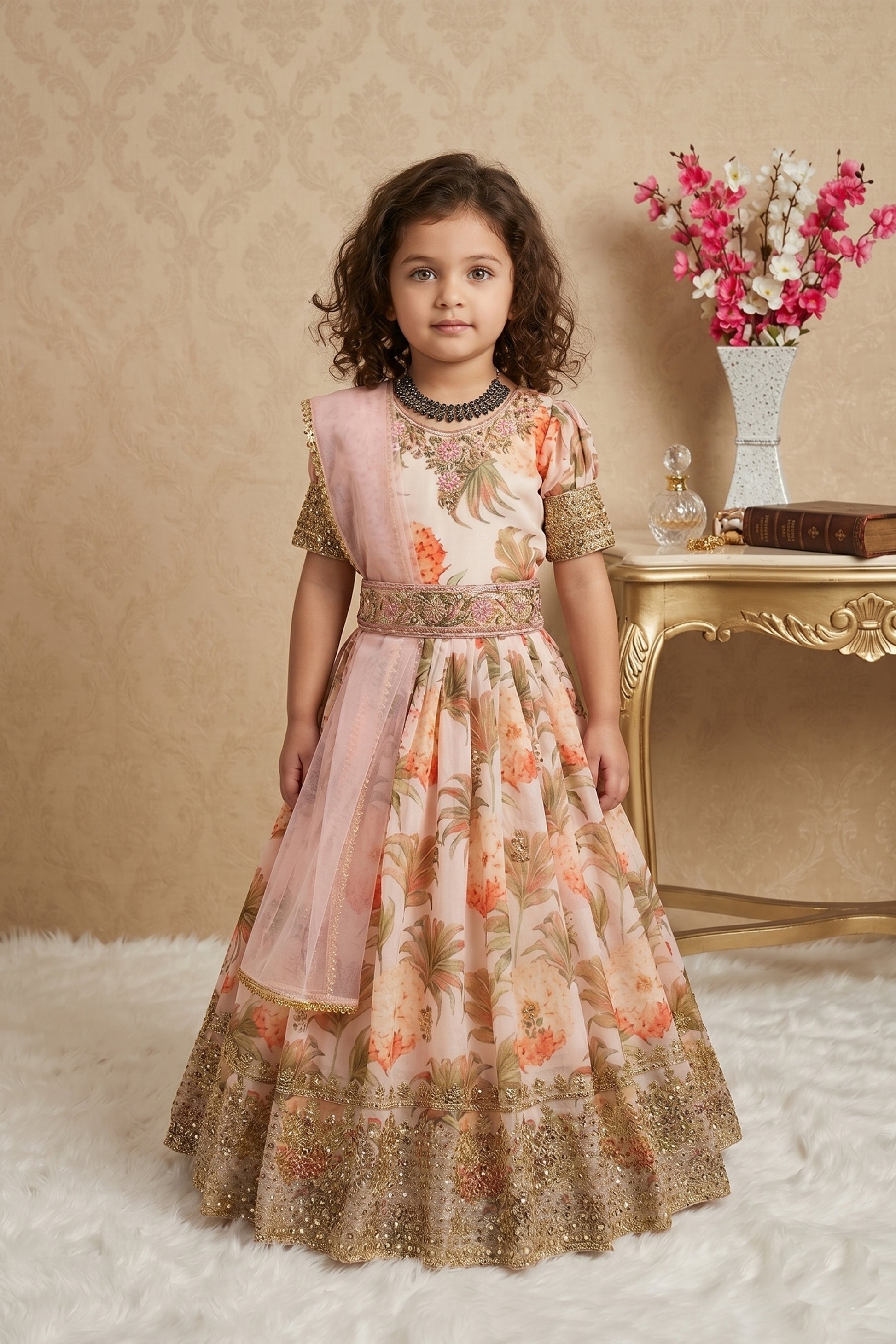 Lovely Peach Faux Georgette Digital Printed Designer Gown for Girls with Dupatta