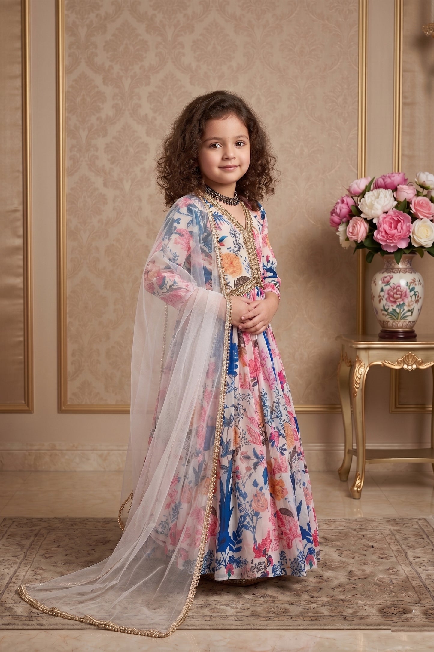 Cute Multicolor Faux Georgette Digital Printed Designer Gown for Girls with Dupatta