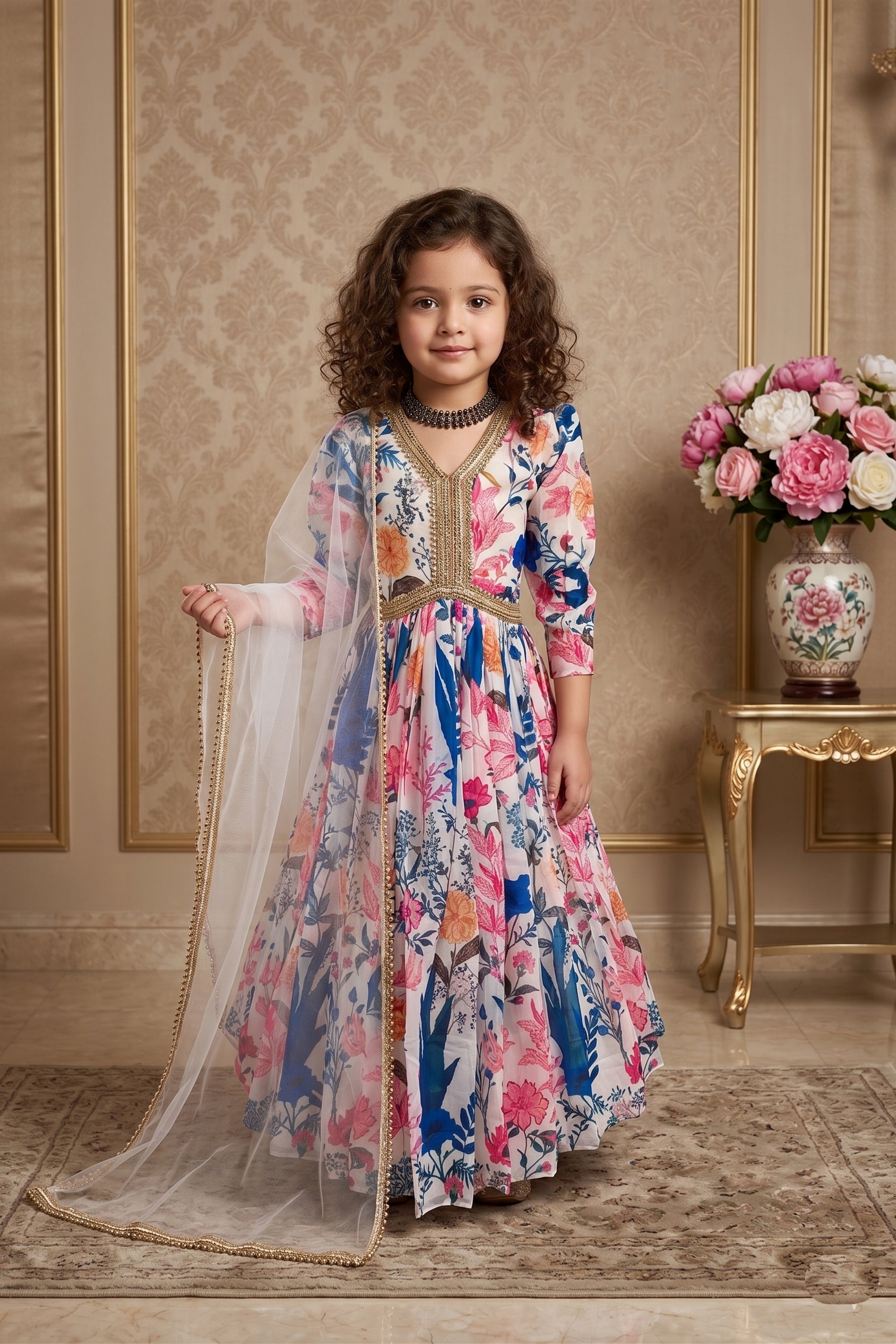 Cute Multicolor Faux Georgette Digital Printed Designer Gown for Girls with Dupatta