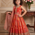 Delicate Red Faux Georgette Digital Printed Designer Gown for Girls with Dupatta