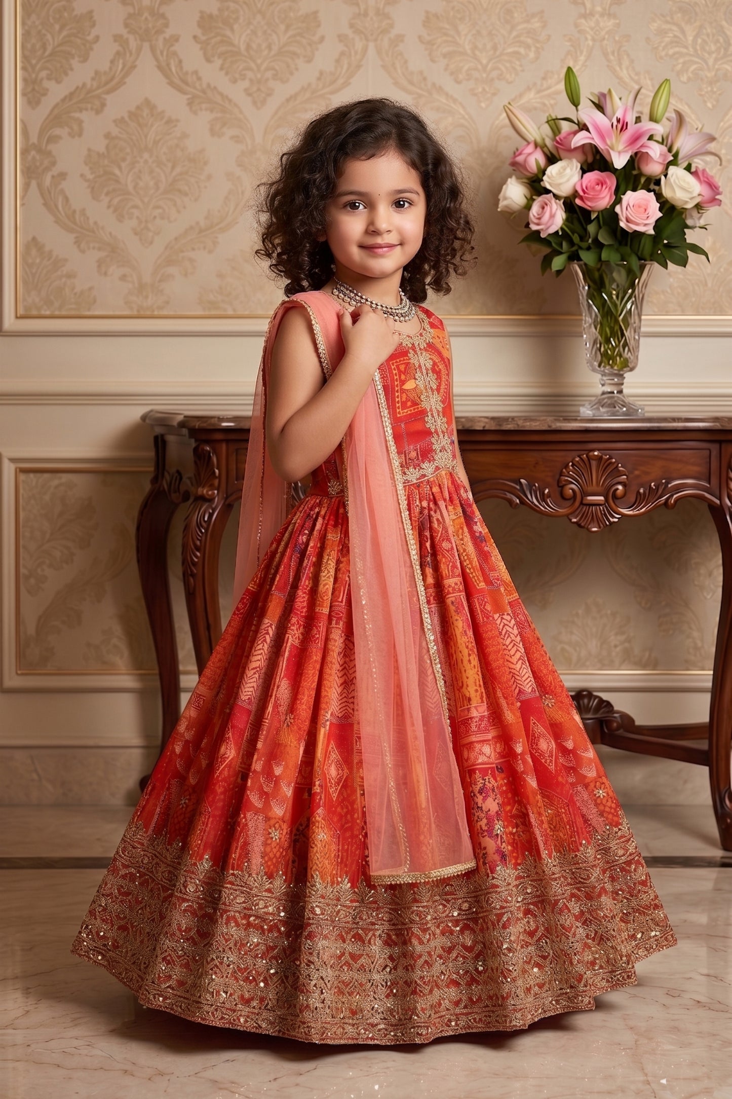 Delicate Red Faux Georgette Digital Printed Designer Gown for Girls with Dupatta