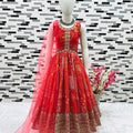 Delicate Red Faux Georgette Digital Printed Designer Gown for Girls with Dupatta