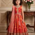 Delicate Red Faux Georgette Digital Printed Designer Gown for Girls with Dupatta