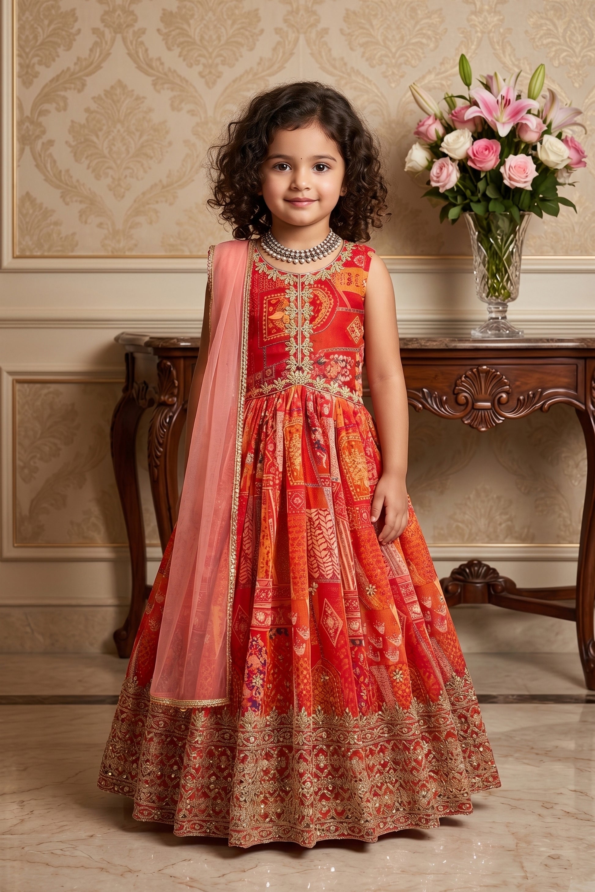 Delicate Red Faux Georgette Digital Printed Designer Gown for Girls with Dupatta