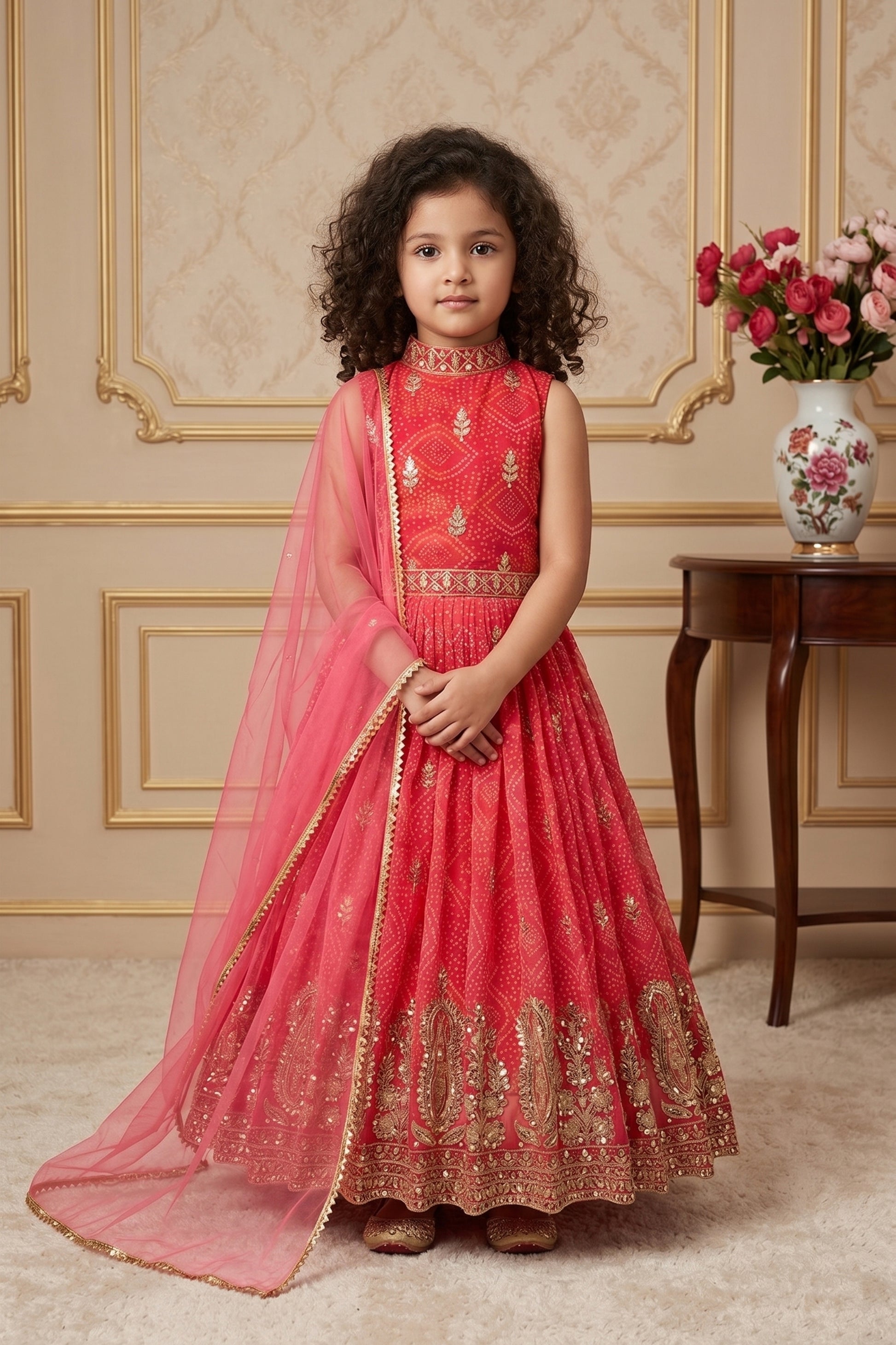 Charming Rani Pink Faux Georgette Digital Printed Designer Gown for Girls with Dupatta