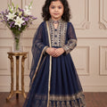 Perfect Navy Blue Faux Georgette Embroidered Designer Gown for Girls with Dupatta