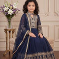 Perfect Navy Blue Faux Georgette Embroidered Designer Gown for Girls with Dupatta