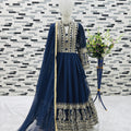 Perfect Navy Blue Faux Georgette Embroidered Designer Gown for Girls with Dupatta