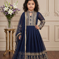 Perfect Navy Blue Faux Georgette Embroidered Designer Gown for Girls with Dupatta