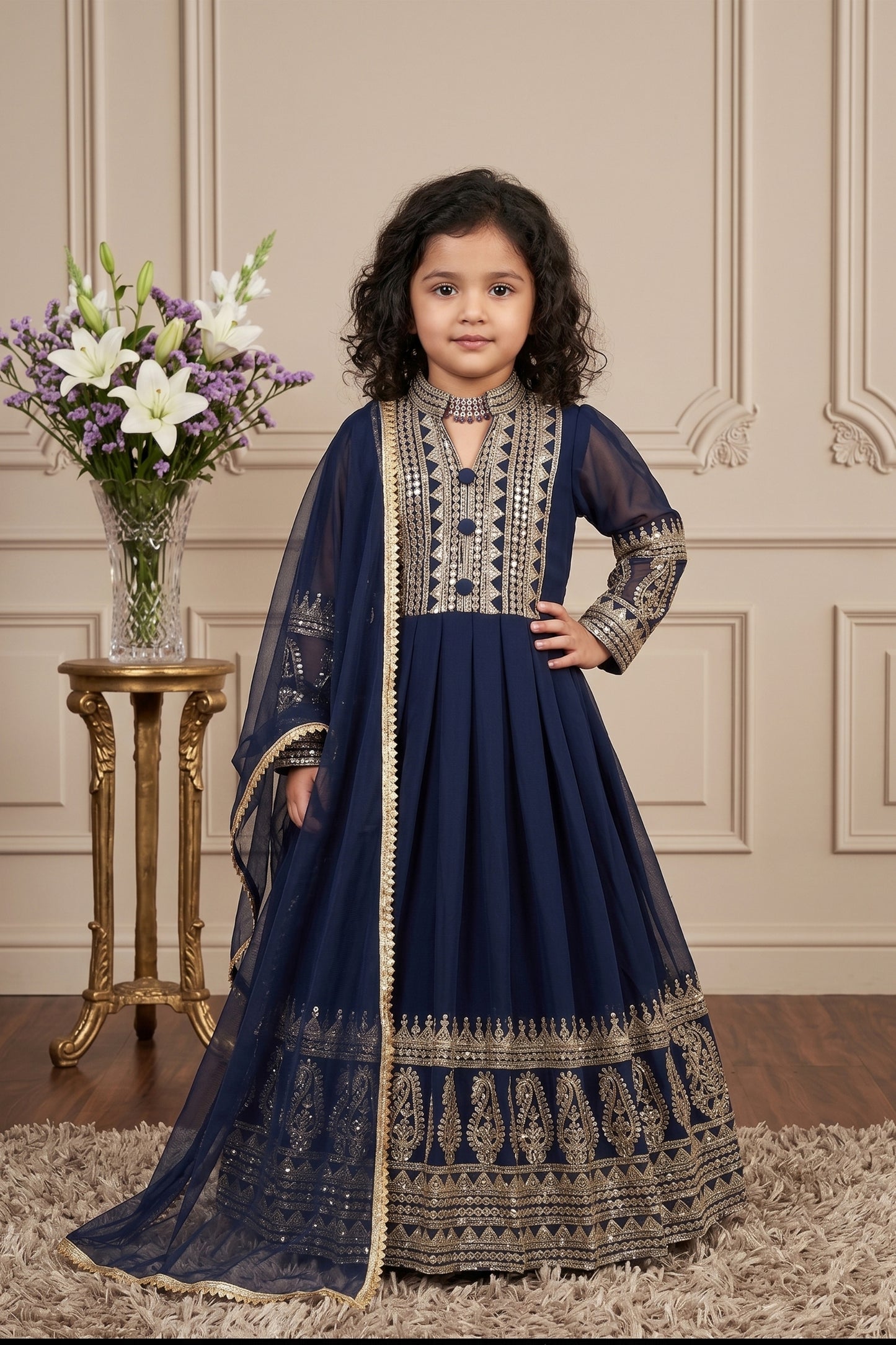 Perfect Navy Blue Faux Georgette Embroidered Designer Gown for Girls with Dupatta