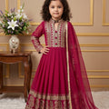 Excellent Rani Pink Faux Georgette Embroidered Designer Gown for Girls with Dupatta