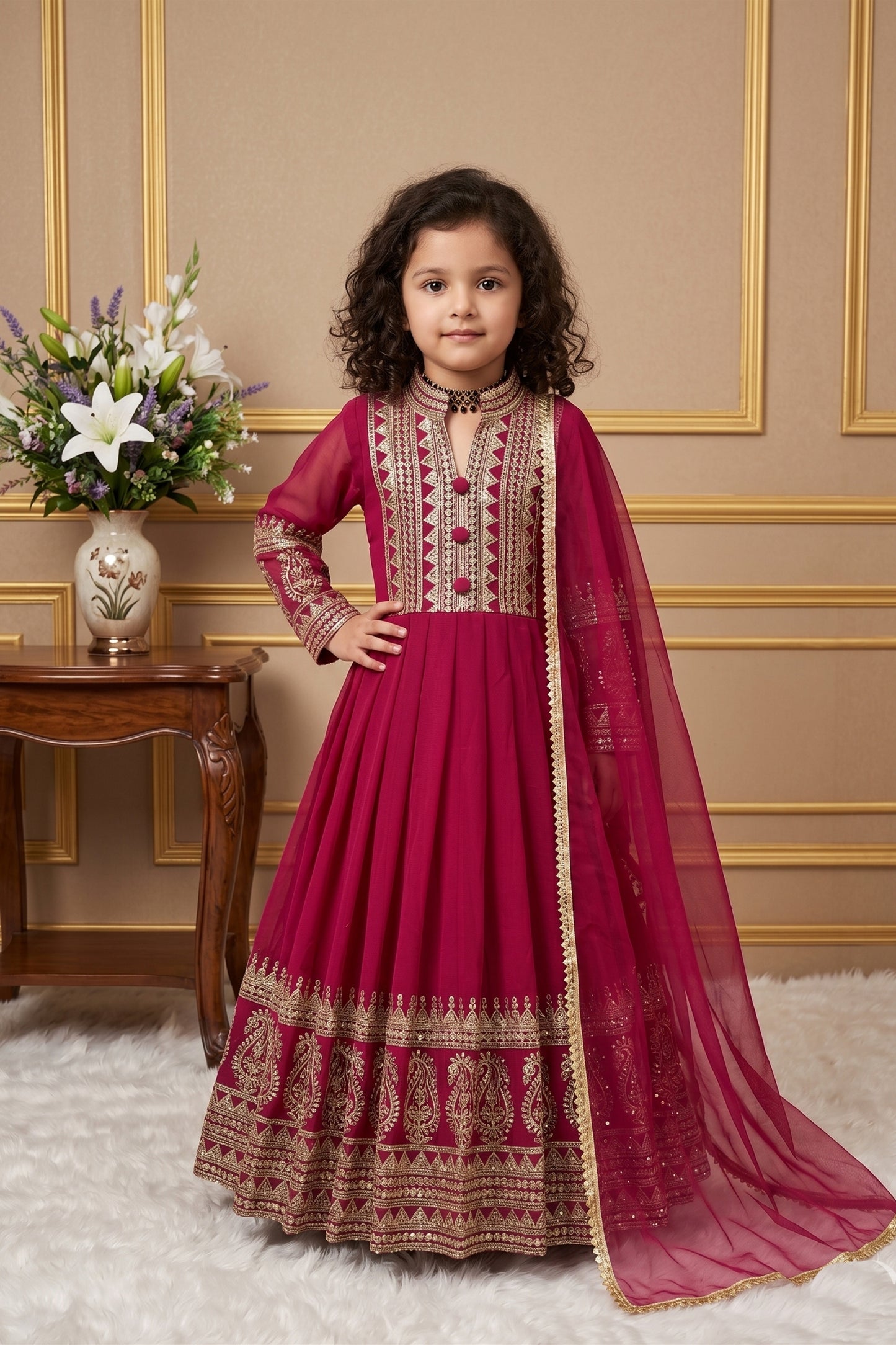 Excellent Rani Pink Faux Georgette Embroidered Designer Gown for Girls with Dupatta