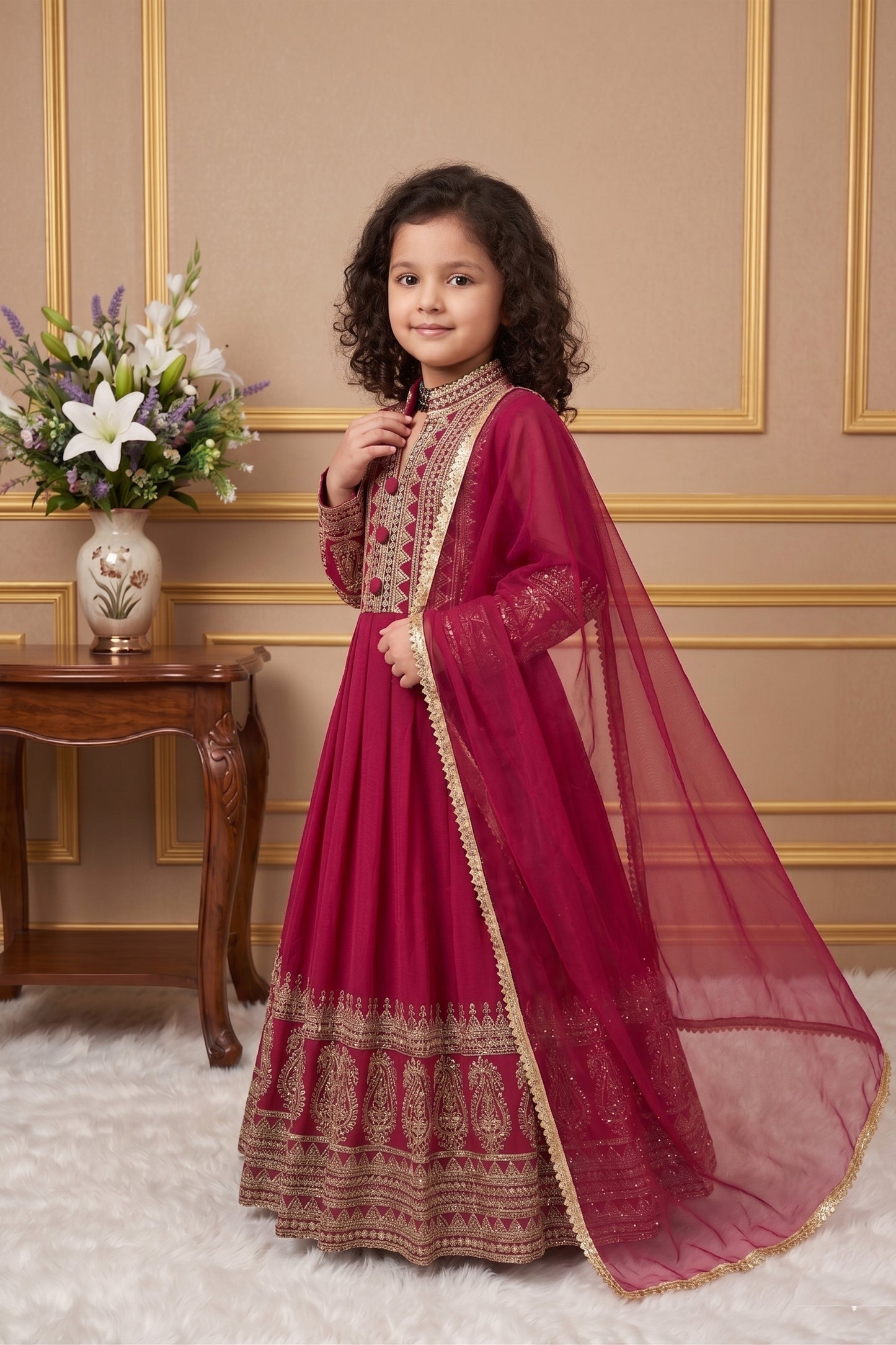 Excellent Rani Pink Faux Georgette Embroidered Designer Gown for Girls with Dupatta