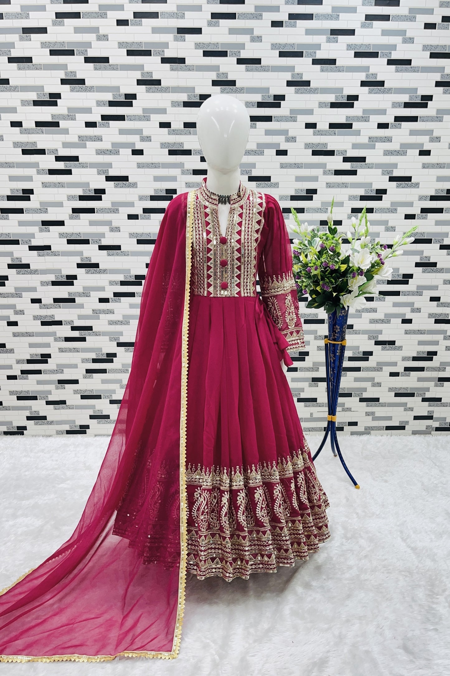 Excellent Rani Pink Faux Georgette Embroidered Designer Gown for Girls with Dupatta