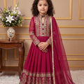 Excellent Rani Pink Faux Georgette Embroidered Designer Gown for Girls with Dupatta