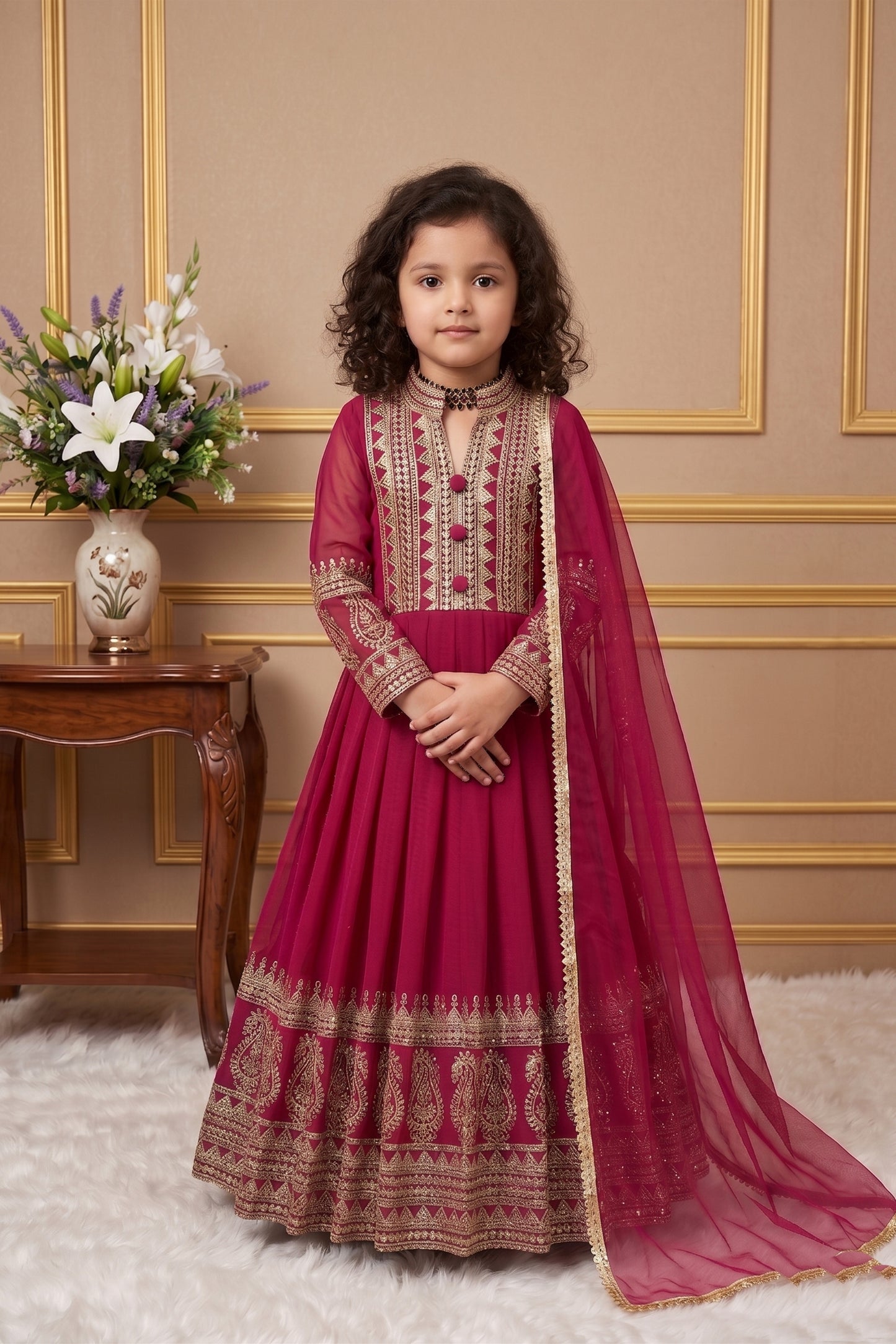 Excellent Rani Pink Faux Georgette Embroidered Designer Gown for Girls with Dupatta