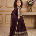 Gorgeous Wine Faux Georgette Embroidered Designer Gown for Girls with Dupatta