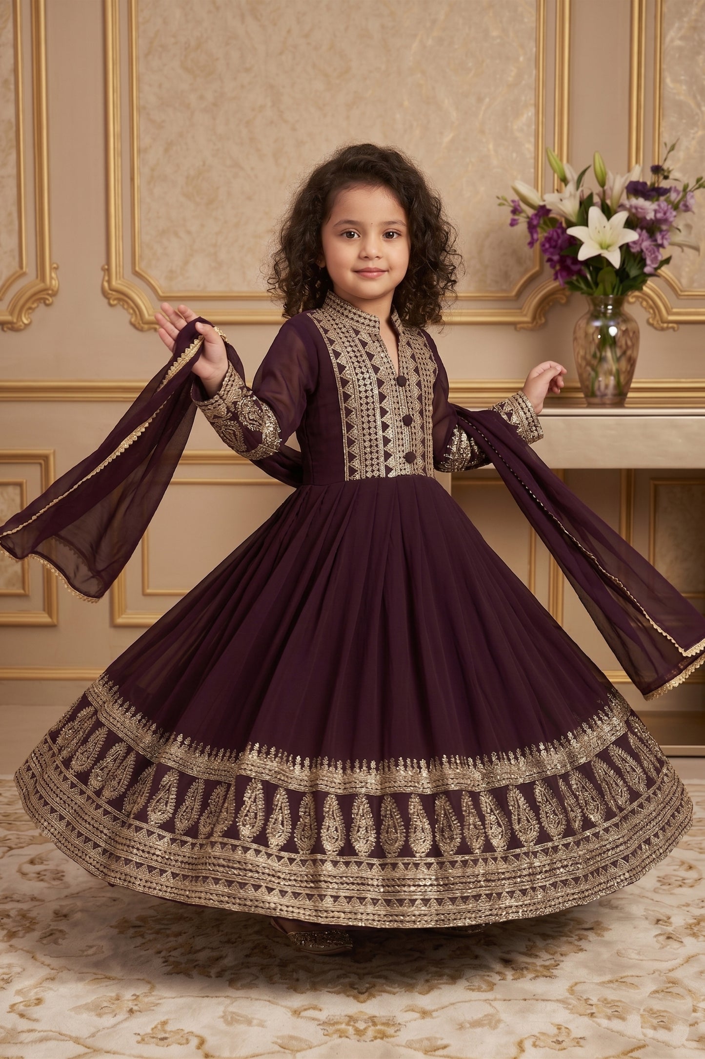 Gorgeous Wine Faux Georgette Embroidered Designer Gown for Girls with Dupatta