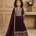 Gorgeous Wine Faux Georgette Embroidered Designer Gown for Girls with Dupatta