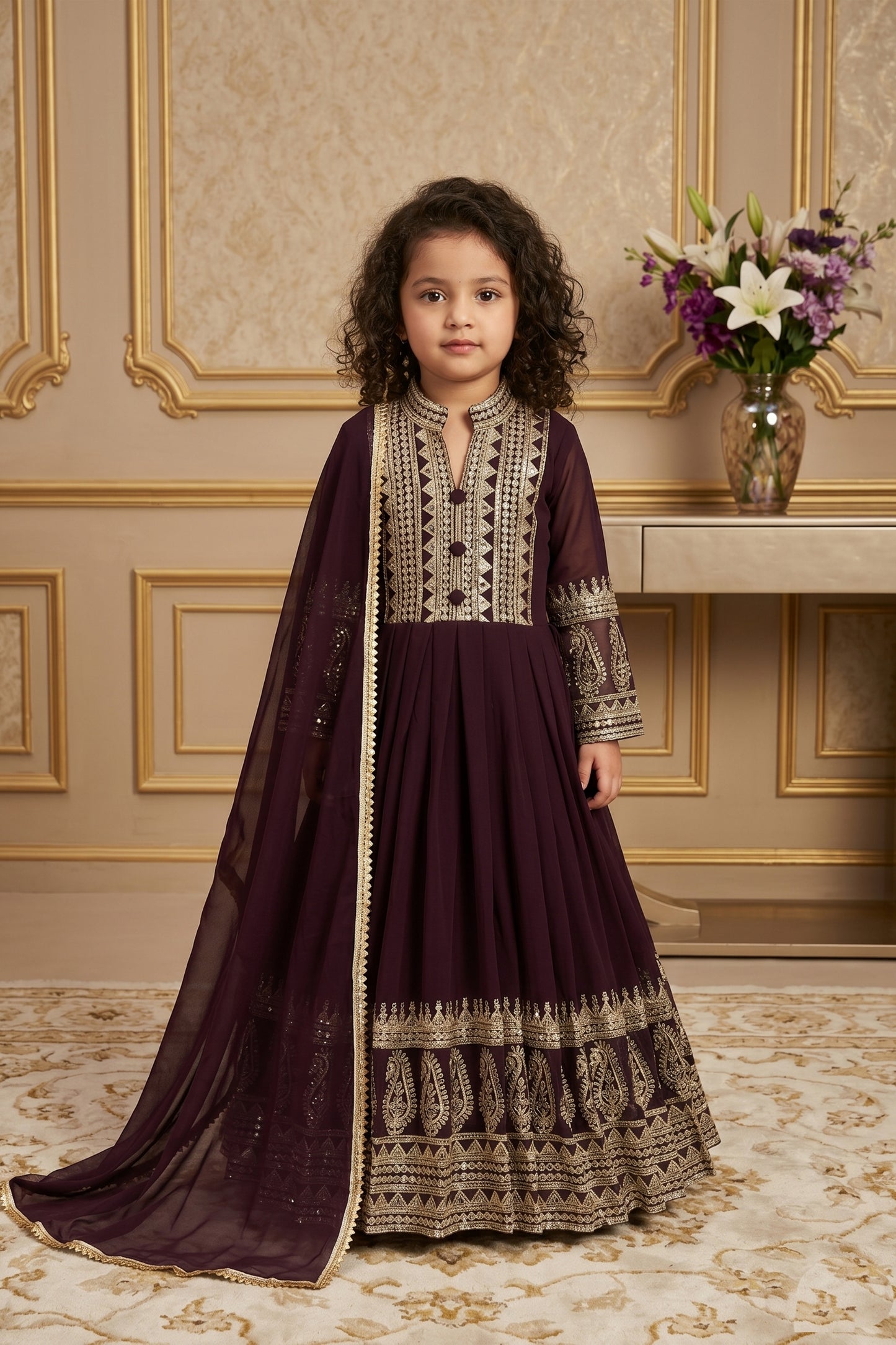 Gorgeous Wine Faux Georgette Embroidered Designer Gown for Girls with Dupatta