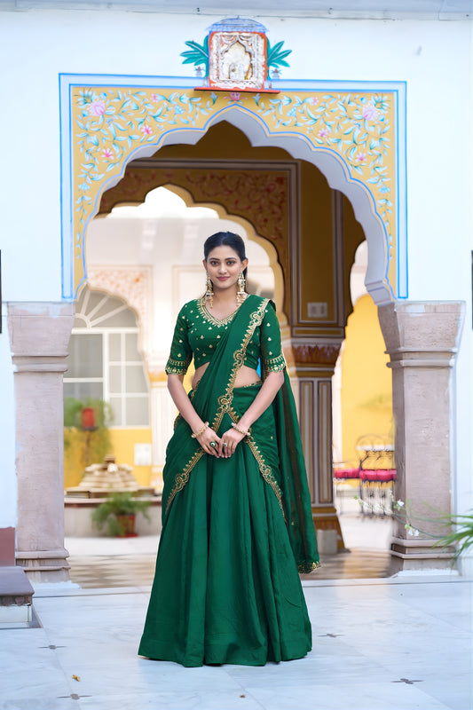 Beautiful Rama Green Silk Embroidered Lehenga Choli with Designer Dupatta for Wedding