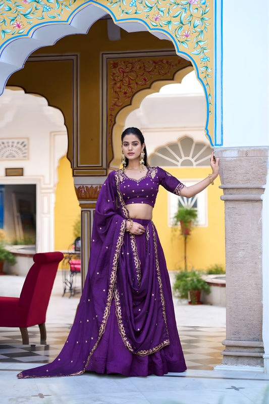 Stylish Purple Silk Embroidered Lehenga Choli with Designer Dupatta for Wedding