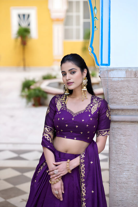 Stylish Purple Silk Embroidered Lehenga Choli with Designer Dupatta for Wedding