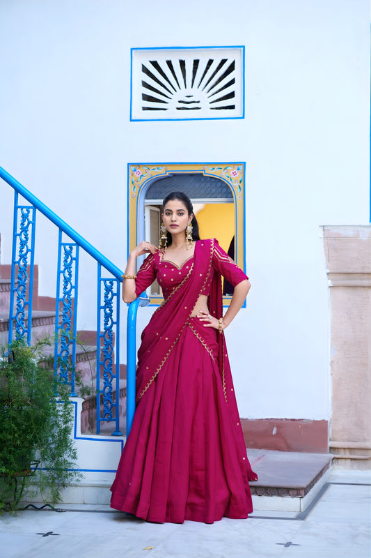 Traditional Rani Pink Silk Embroidered Lehenga Choli with Designer Dupatta for Wedding