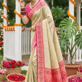Royal Cream Beige Soft Silk Saree Pink  Woven Border and Designer Pallu