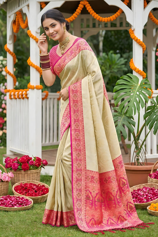 Royal Cream Beige Soft Silk Saree Pink  Woven Border and Designer Pallu