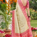 Royal Cream Beige Soft Silk Saree Pink  Woven Border and Designer Pallu
