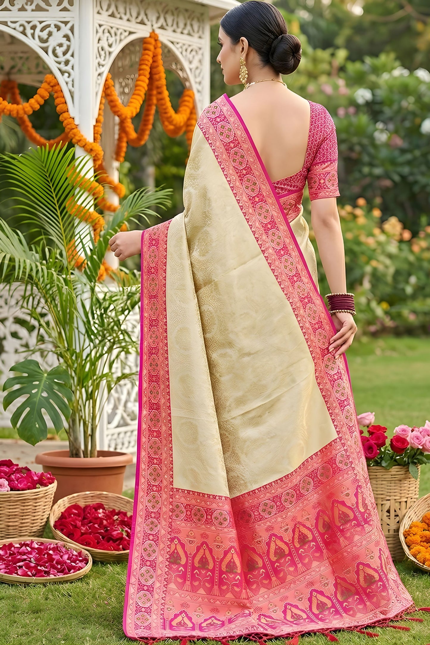 Royal Cream Beige Soft Silk Saree Pink  Woven Border and Designer Pallu