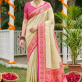 Premium Cream Beige Soft Silk Saree Pink  Woven Border and Designer Pallu