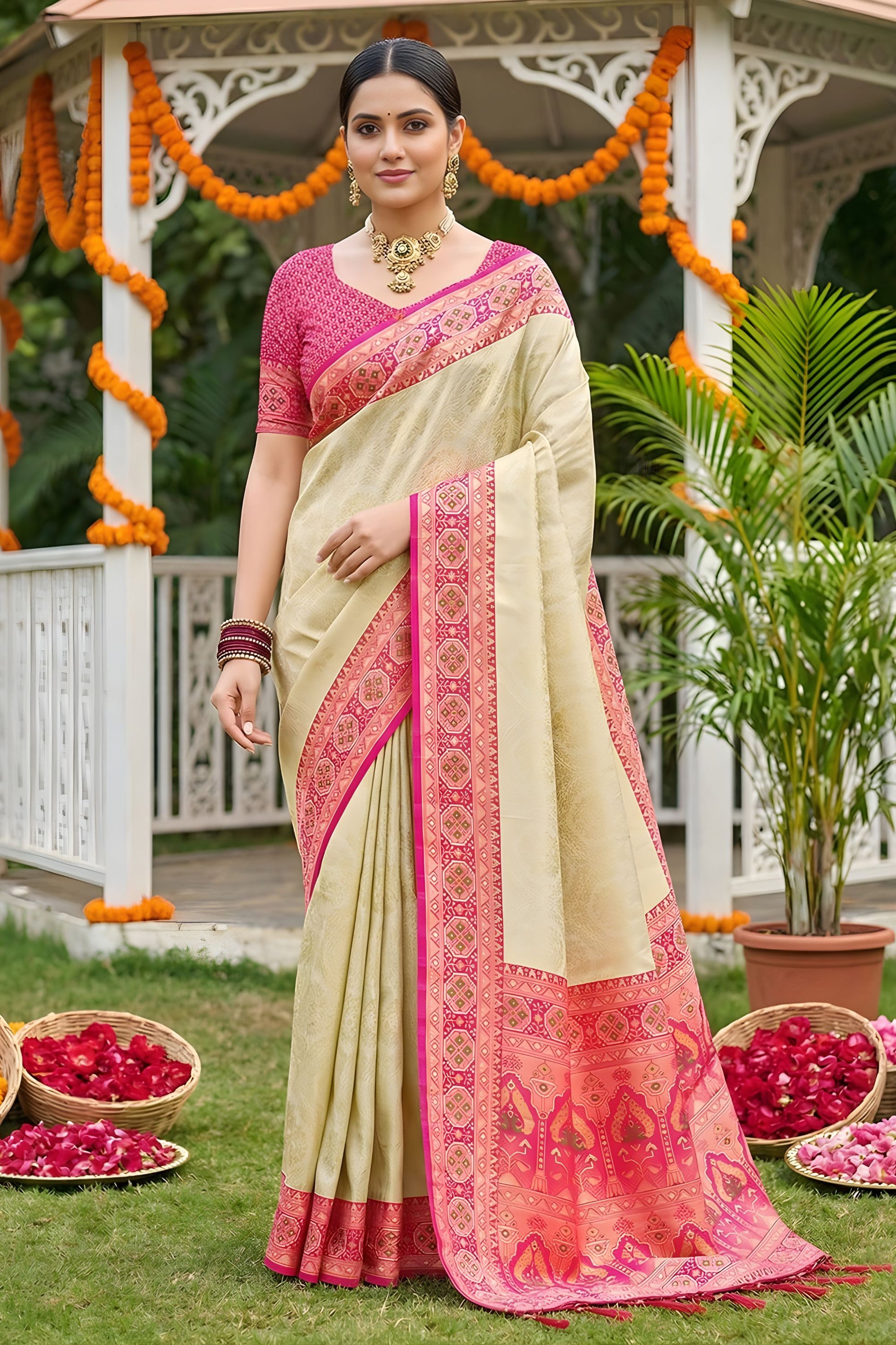 Premium Cream Beige Soft Silk Saree Pink  Woven Border and Designer Pallu