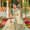 Royal Cream Beige Soft Silk Saree Green Woven Border Designer Pallu