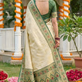 Royal Cream Beige Soft Silk Saree Green Woven Border Designer Pallu