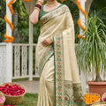 Royal Cream Beige Soft Silk Saree Green Woven Border Designer Pallu