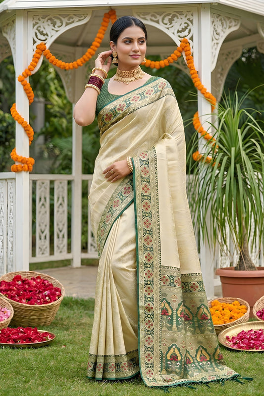 Royal Cream Beige Soft Silk Saree Green Woven Border Designer Pallu