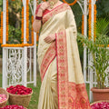 Royal Cream Beige Soft Silk Saree Pink  Woven Border and Designer Pallu
