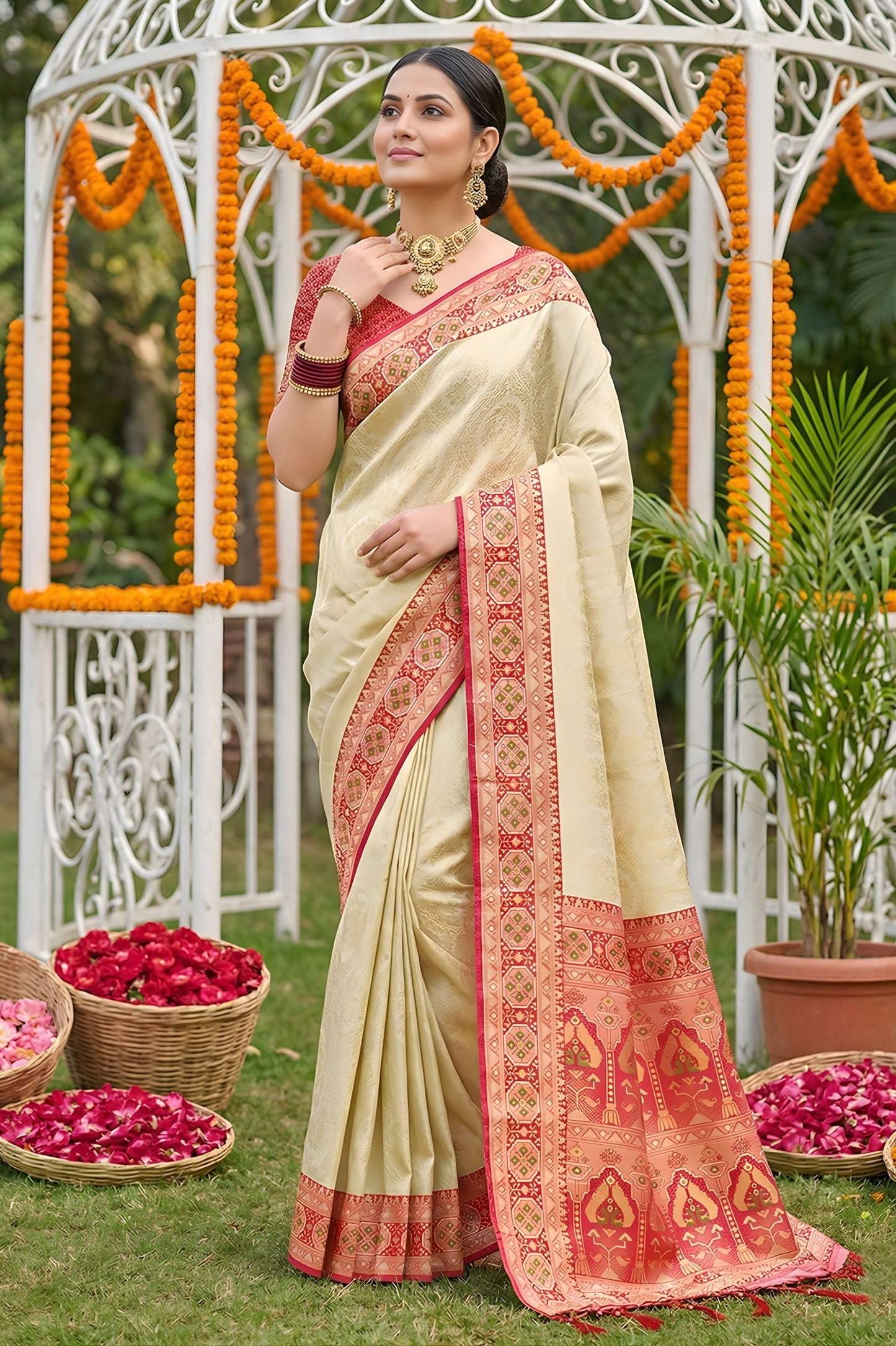 Royal Cream Beige Soft Silk Saree Pink  Woven Border and Designer Pallu