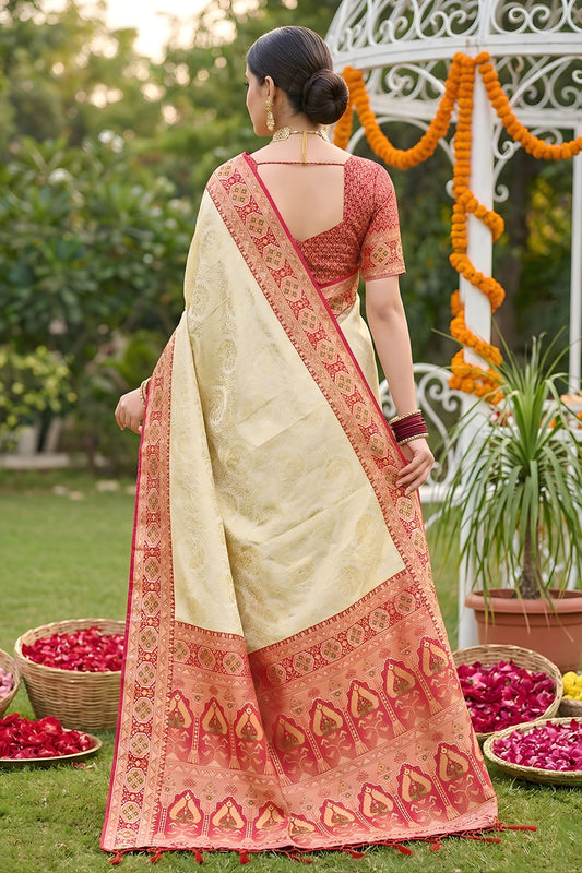 Royal Cream Beige Soft Silk Saree Pink  Woven Border and Designer Pallu