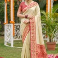 Royal Cream Beige Soft Silk Saree Pink  Woven Border and Designer Pallu
