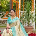 Royal Cream Beige Soft Silk Saree Aqua Blue Woven Border and Designer Pallu