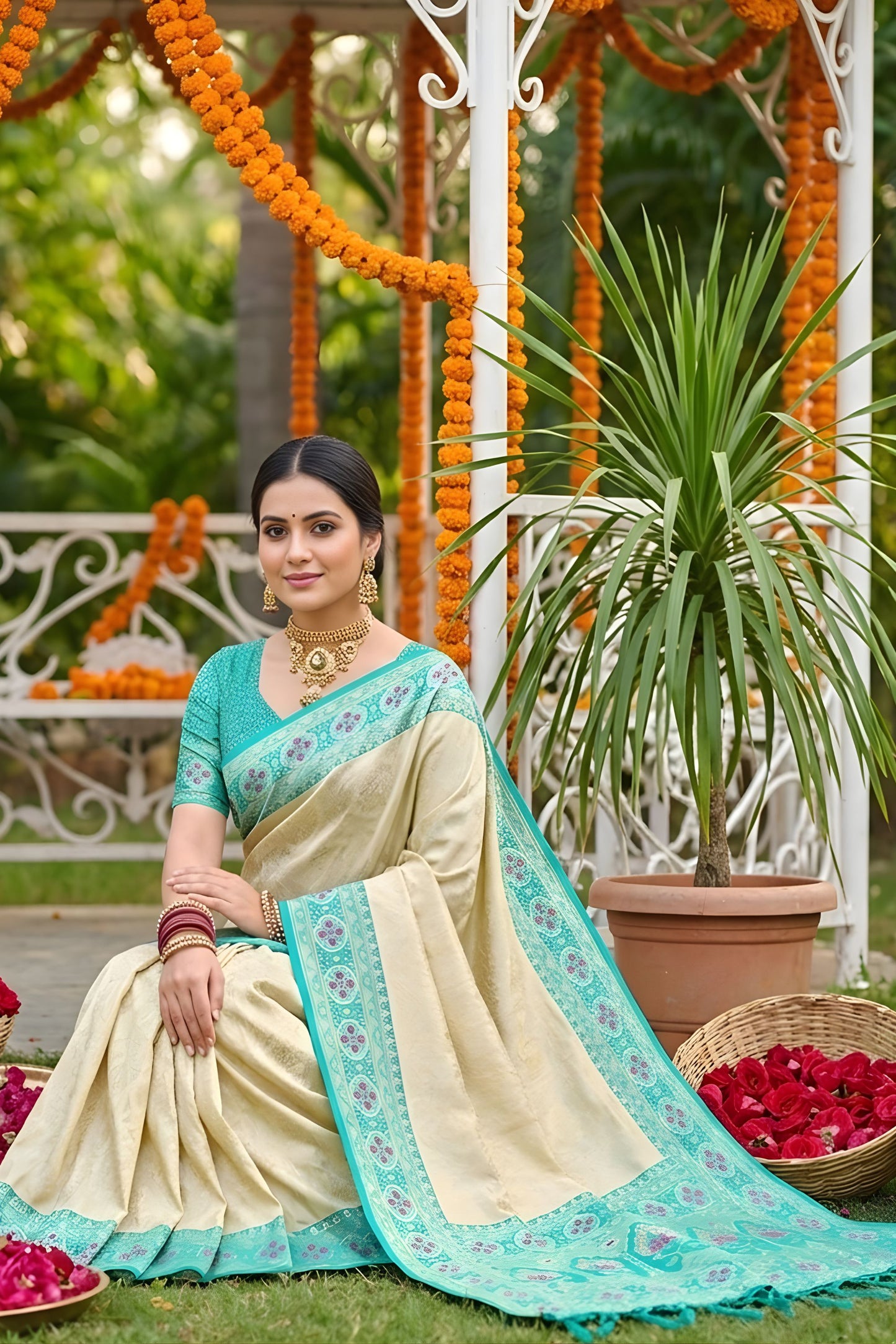 Royal Cream Beige Soft Silk Saree Aqua Blue Woven Border and Designer Pallu