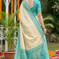Royal Cream Beige Soft Silk Saree Aqua Blue Woven Border and Designer Pallu