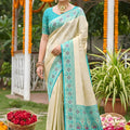Royal Cream Beige Soft Silk Saree Aqua Blue Woven Border and Designer Pallu