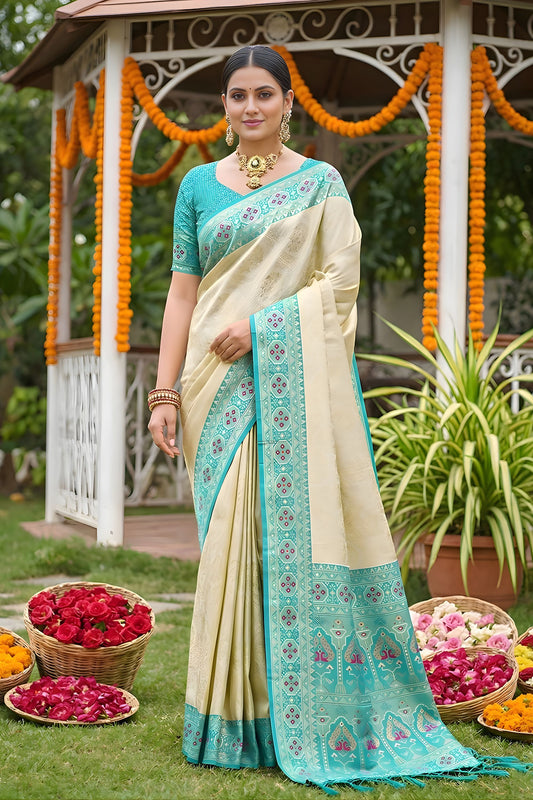 Royal Cream Beige Soft Silk Saree Aqua Blue Woven Border and Designer Pallu