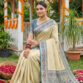 Royal Cream Beige Soft Silk Saree Steel Blue Woven Border and Designer Pallu
